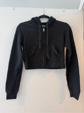 Hollister Black Cropped Zip-Up Hoodie | Fleece Lined | XS